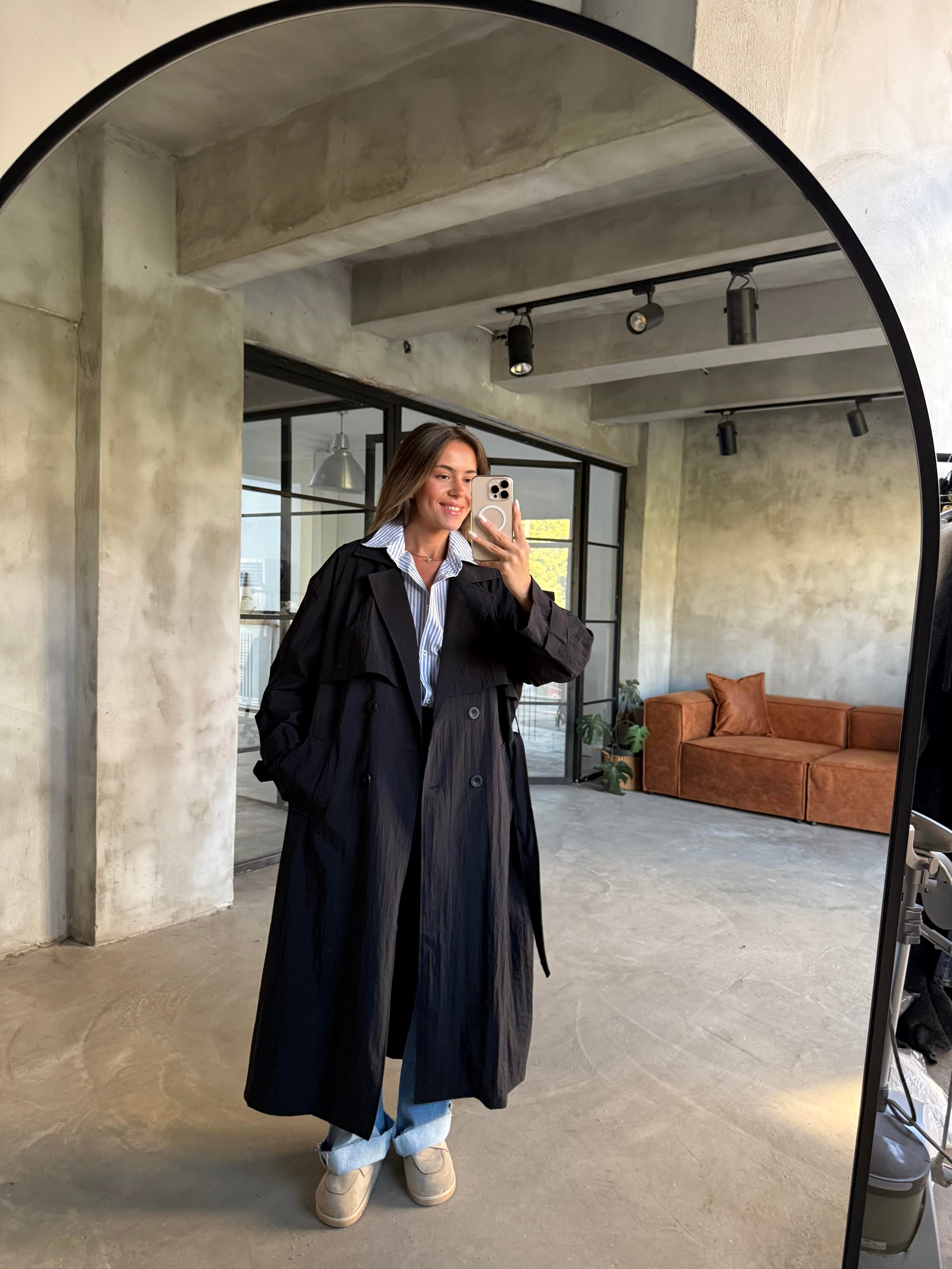 Oversize Su İtici Trençkot - Siyah - Dominatrend