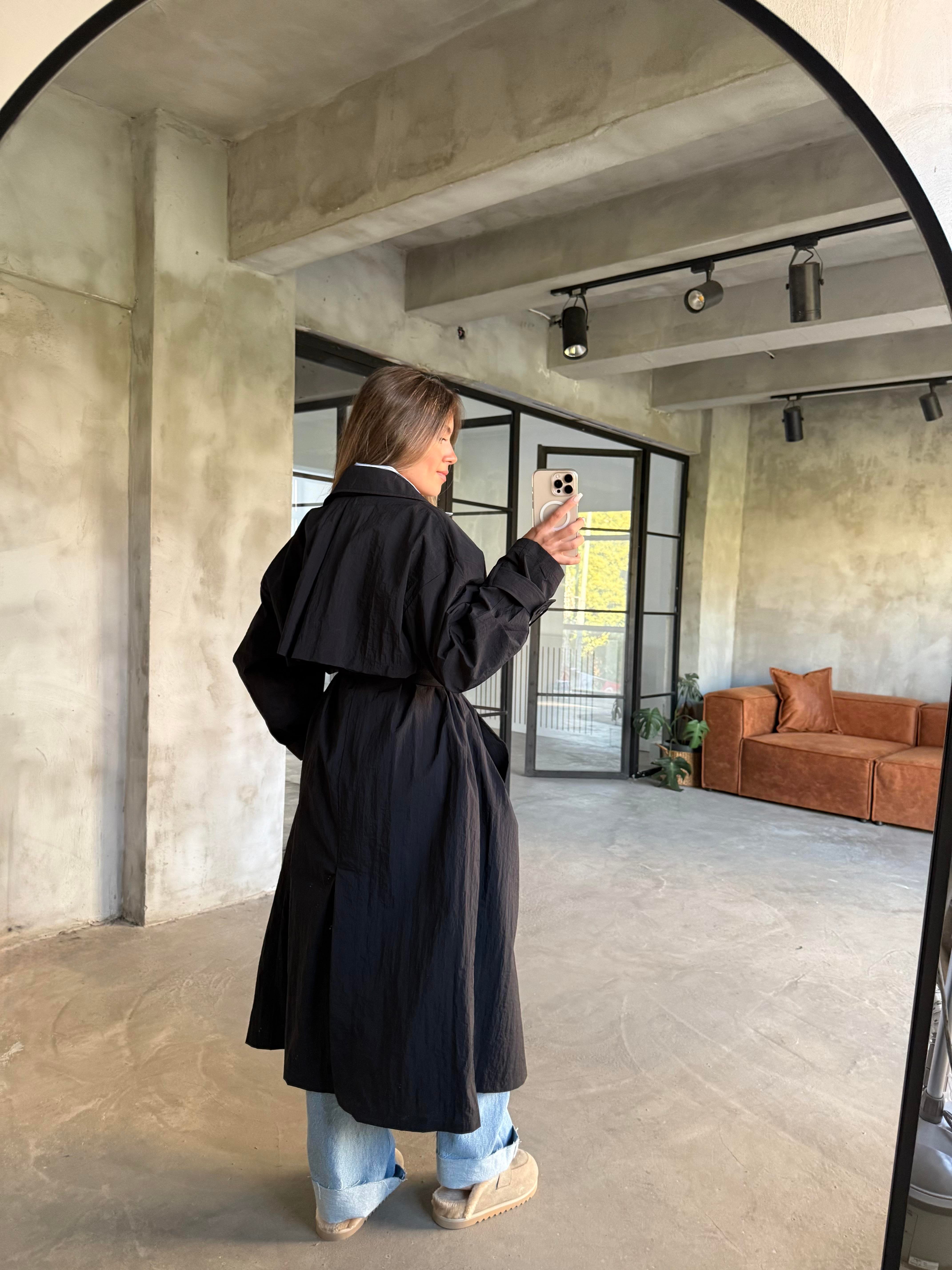 Oversize Su İtici Trençkot - Siyah - Dominatrend