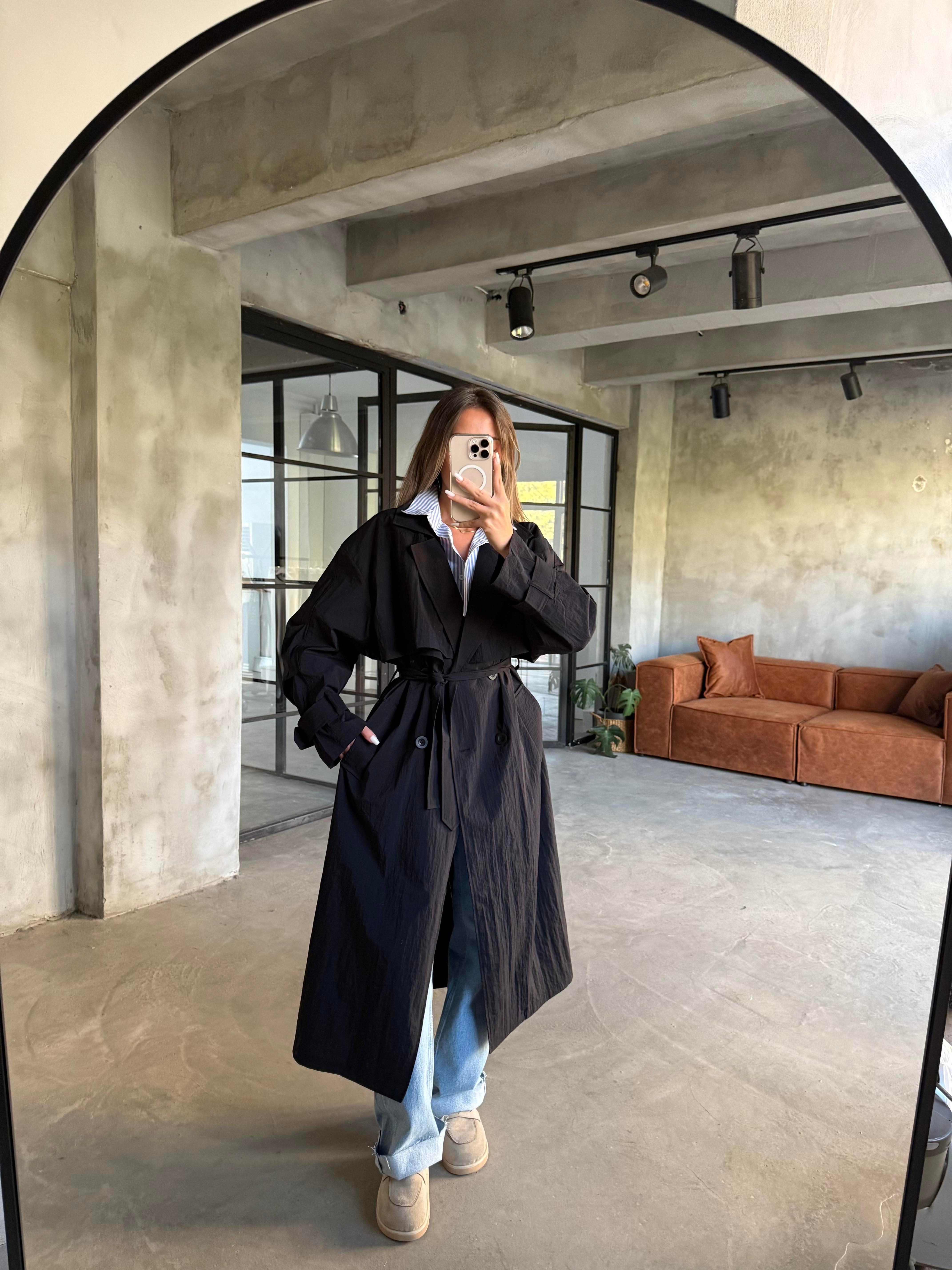 Oversize Su İtici Trençkot - Siyah - Dominatrend