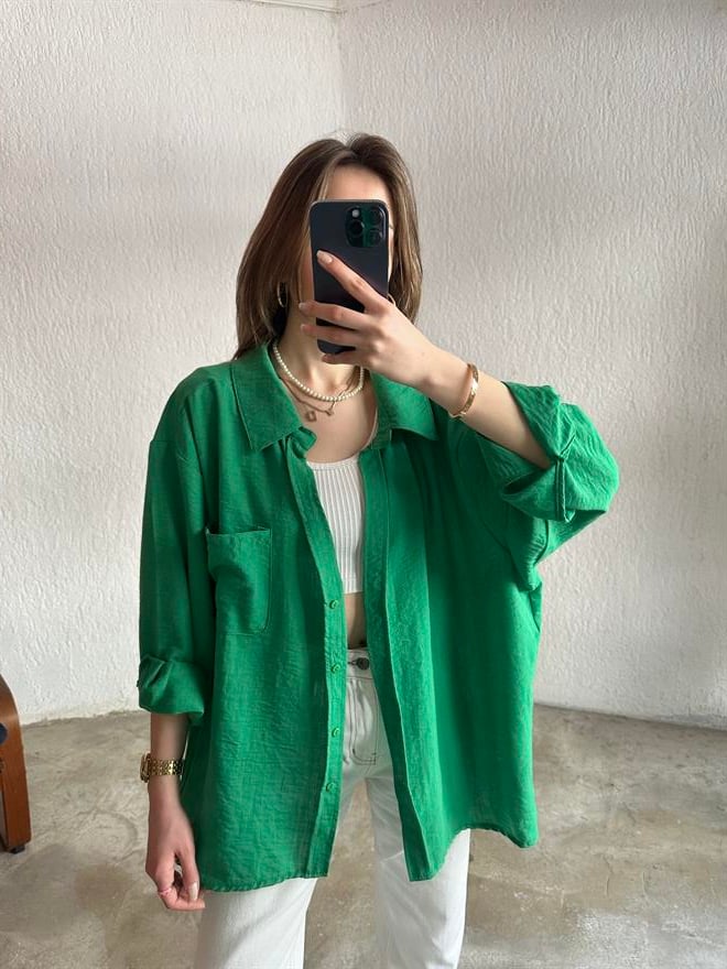 Oversize Tek Cepli Keten Gömlek - Bej - Dominatrend