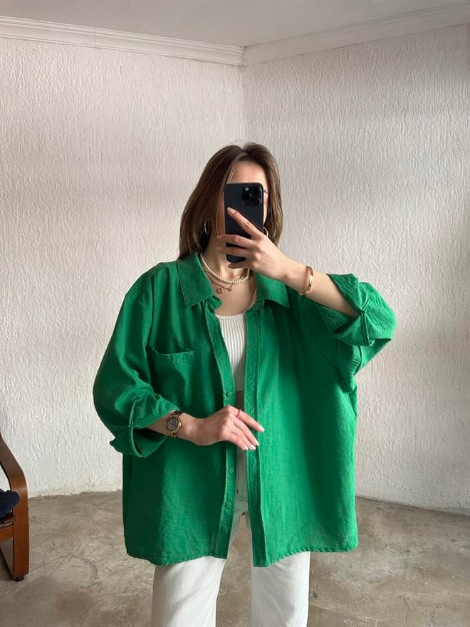 Oversize Tek Cepli Keten Gömlek - Bej - Dominatrend