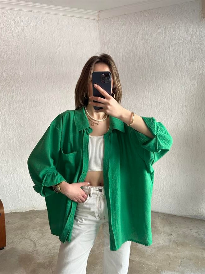 Oversize Tek Cepli Keten Gömlek - Bej - Dominatrend