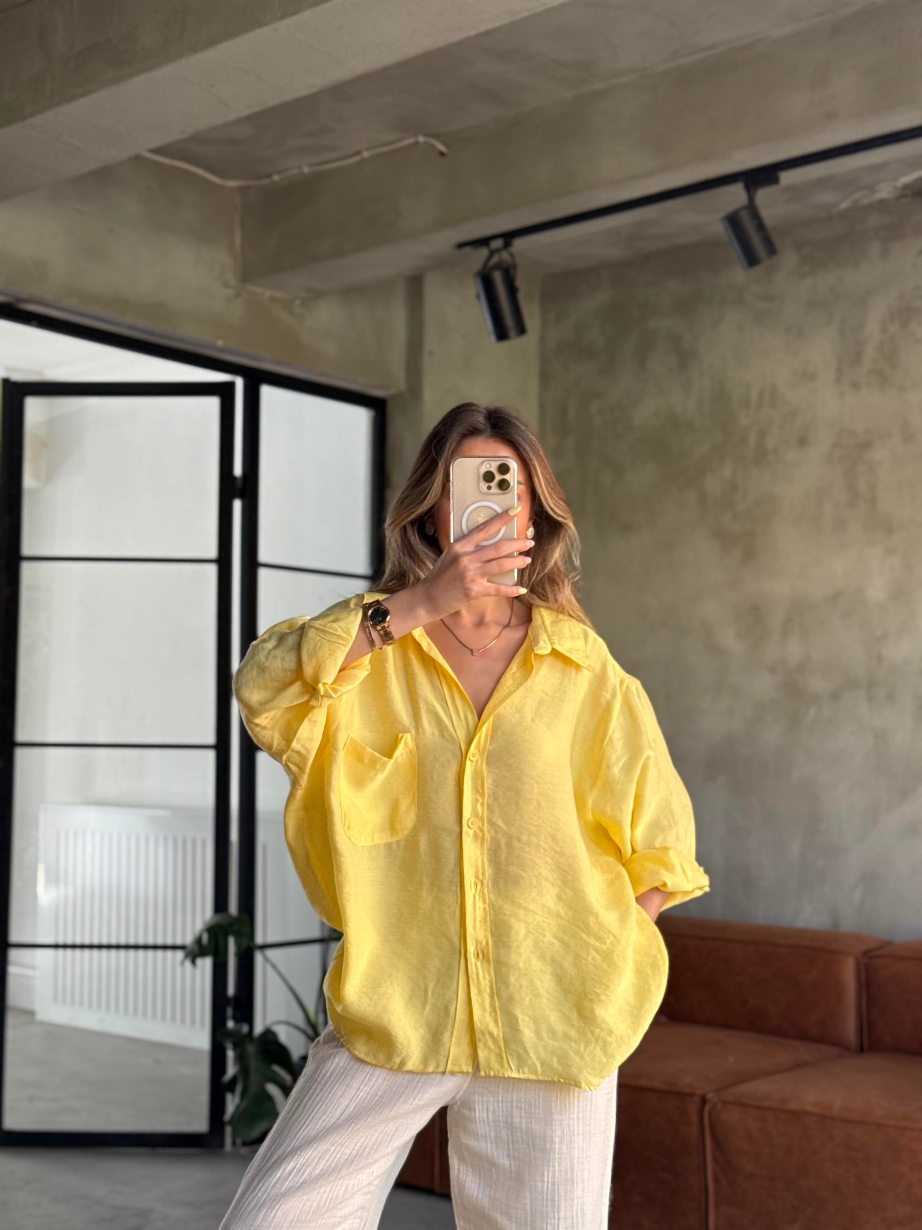 Oversize Tencel Gömlek - Sarı - Dominatrend