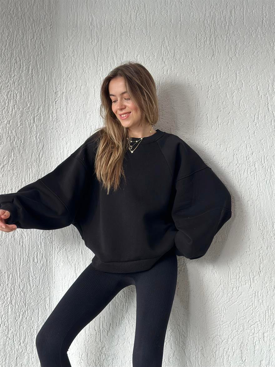 Oversize Unisex Yarasa Kol Sweatshirt - Siyah - Dominatrend