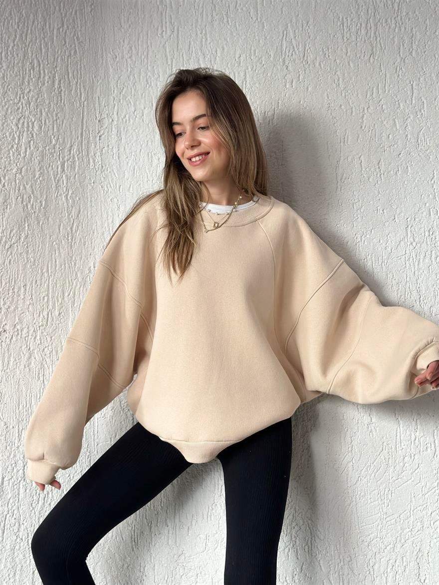 Oversize Unisex Yarasa Kol Sweatshirt - Bej - Dominatrend