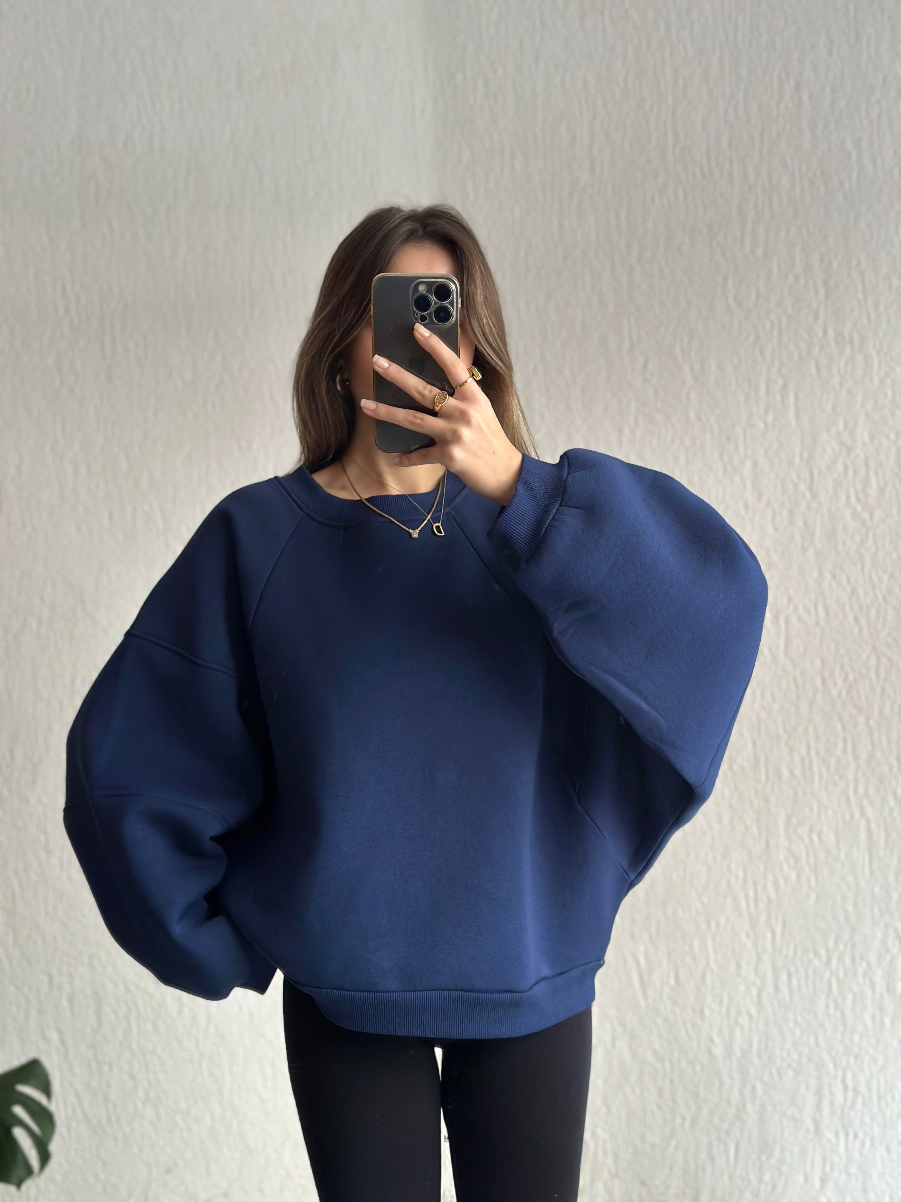 Oversize Unisex Yarasa Kol Sweatshirt - Lacivert - Dominatrend