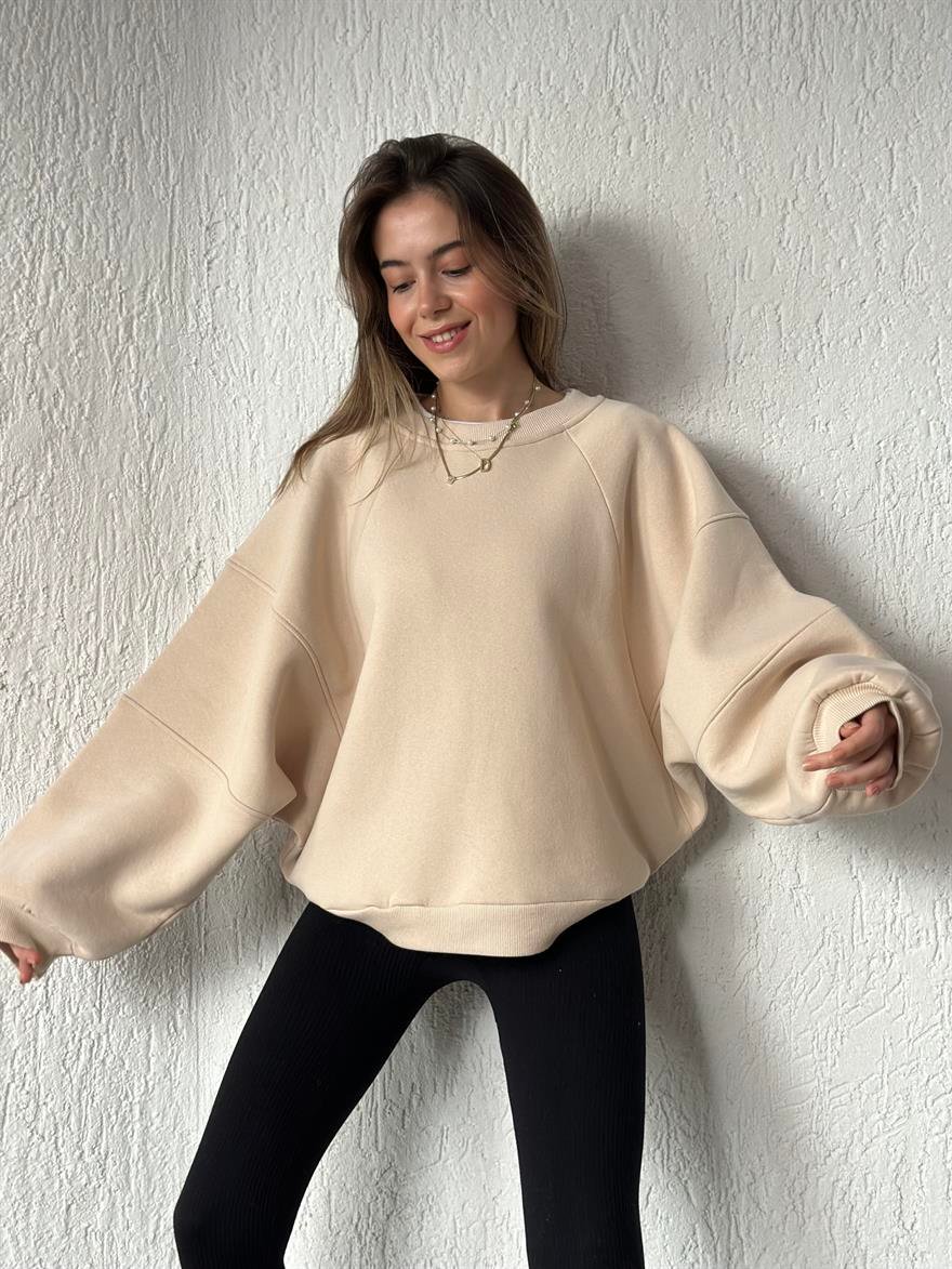 Oversize Unisex Yarasa Kol Sweatshirt - Bej - Dominatrend