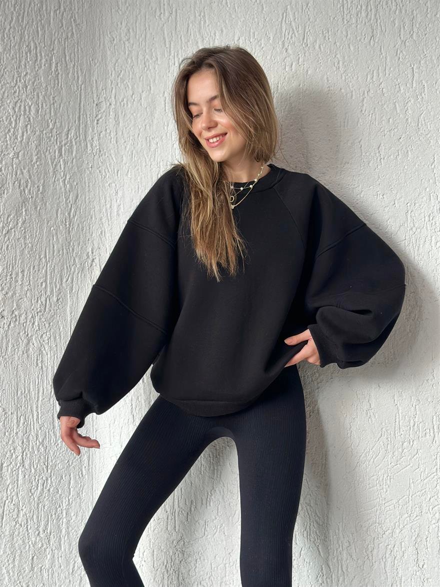 Oversize Unisex Yarasa Kol Sweatshirt - Siyah - Dominatrend