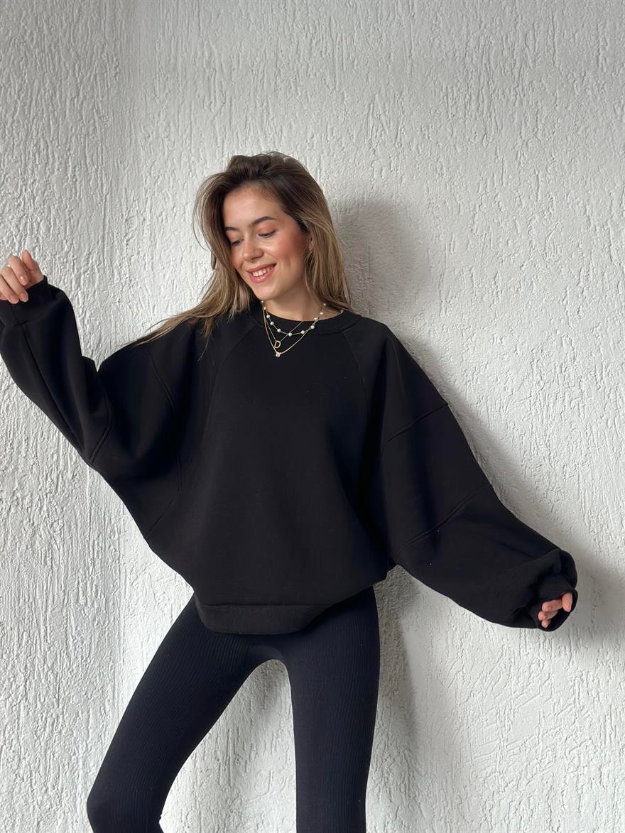 Oversize Unisex Yarasa Kol Sweatshirt - Siyah - Dominatrend