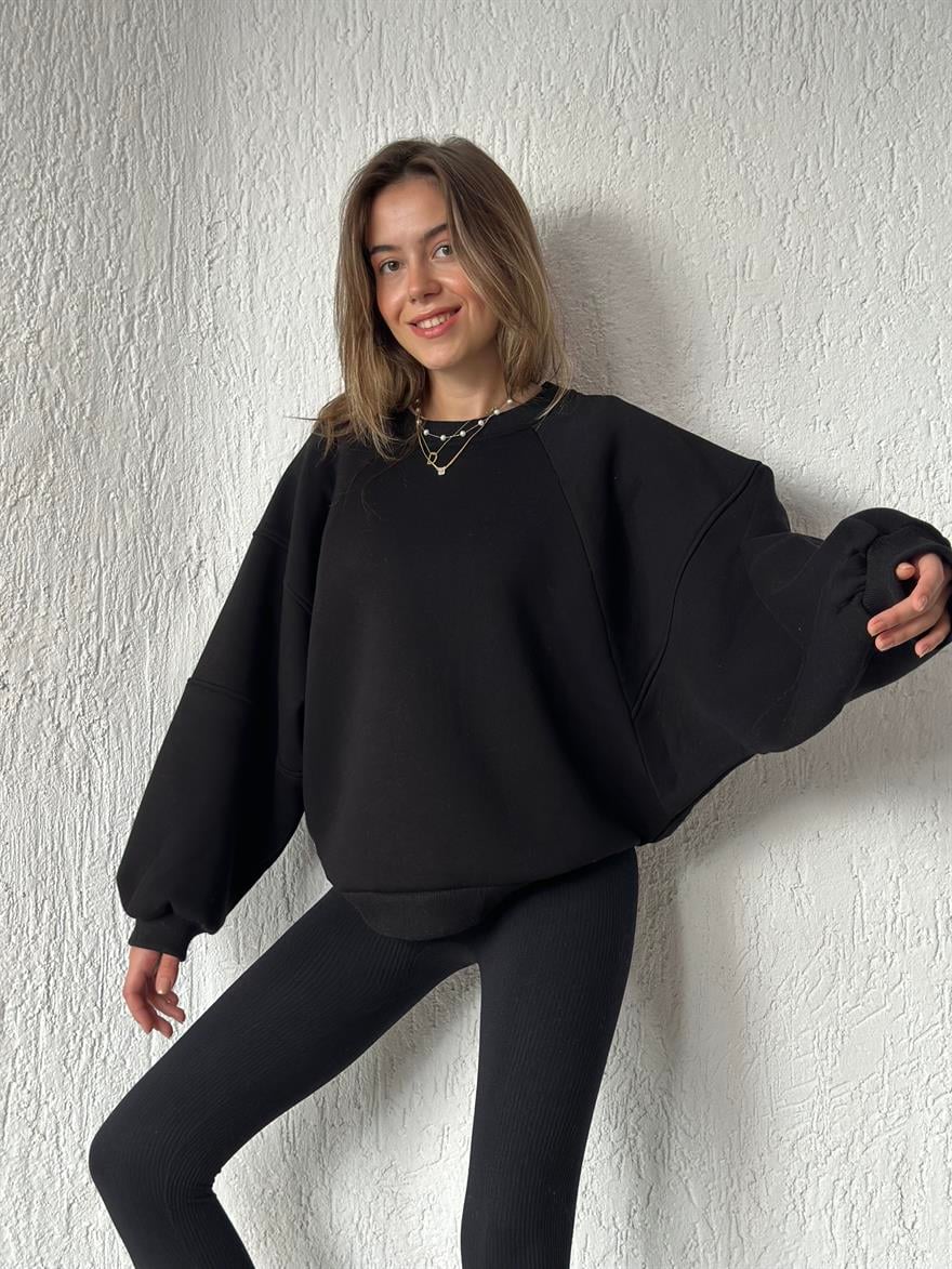 Oversize Unisex Yarasa Kol Sweatshirt - Siyah - Dominatrend