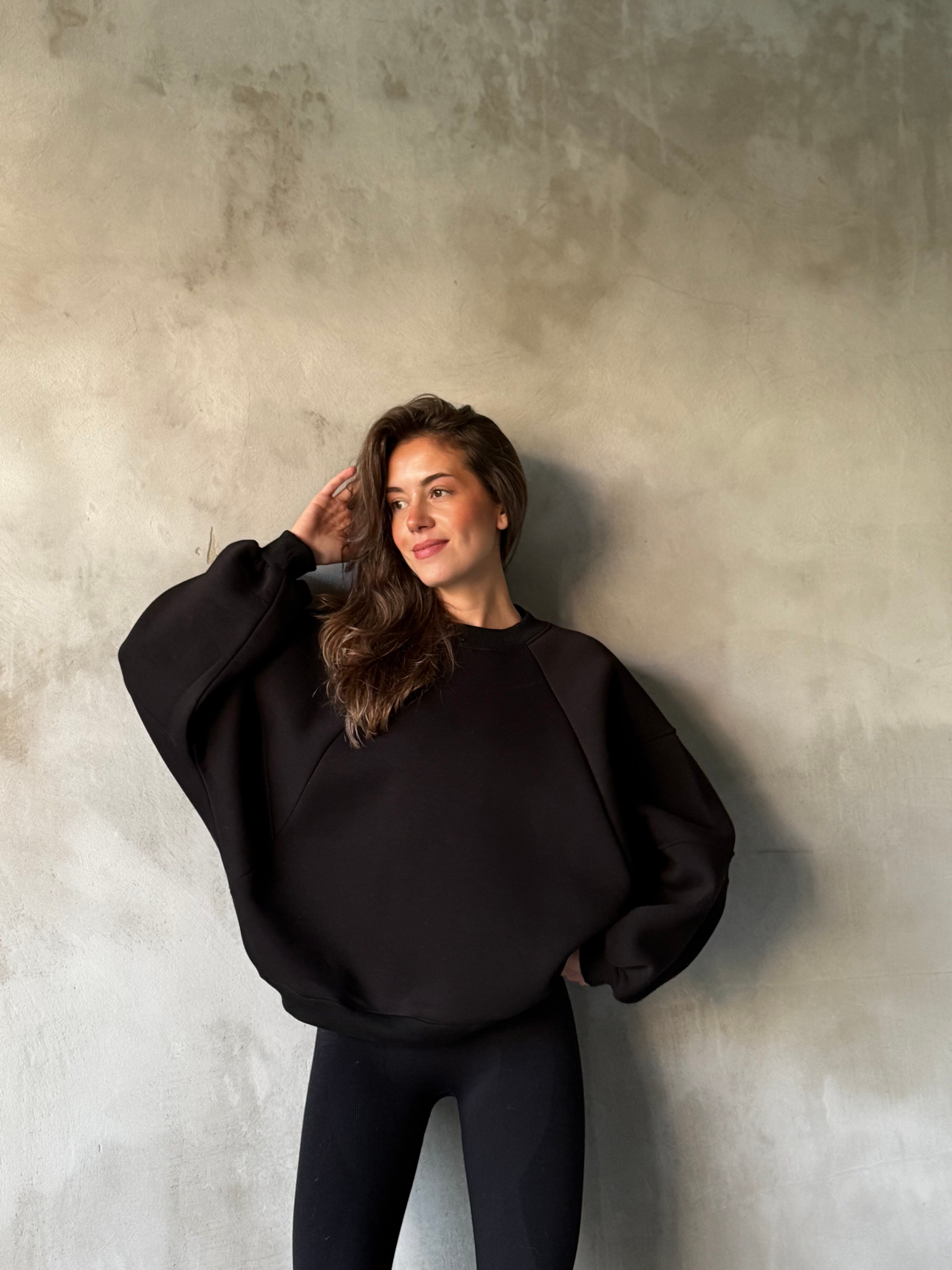 Oversize Yarasa Kol Sweatshirt - Siyah - Dominatrend