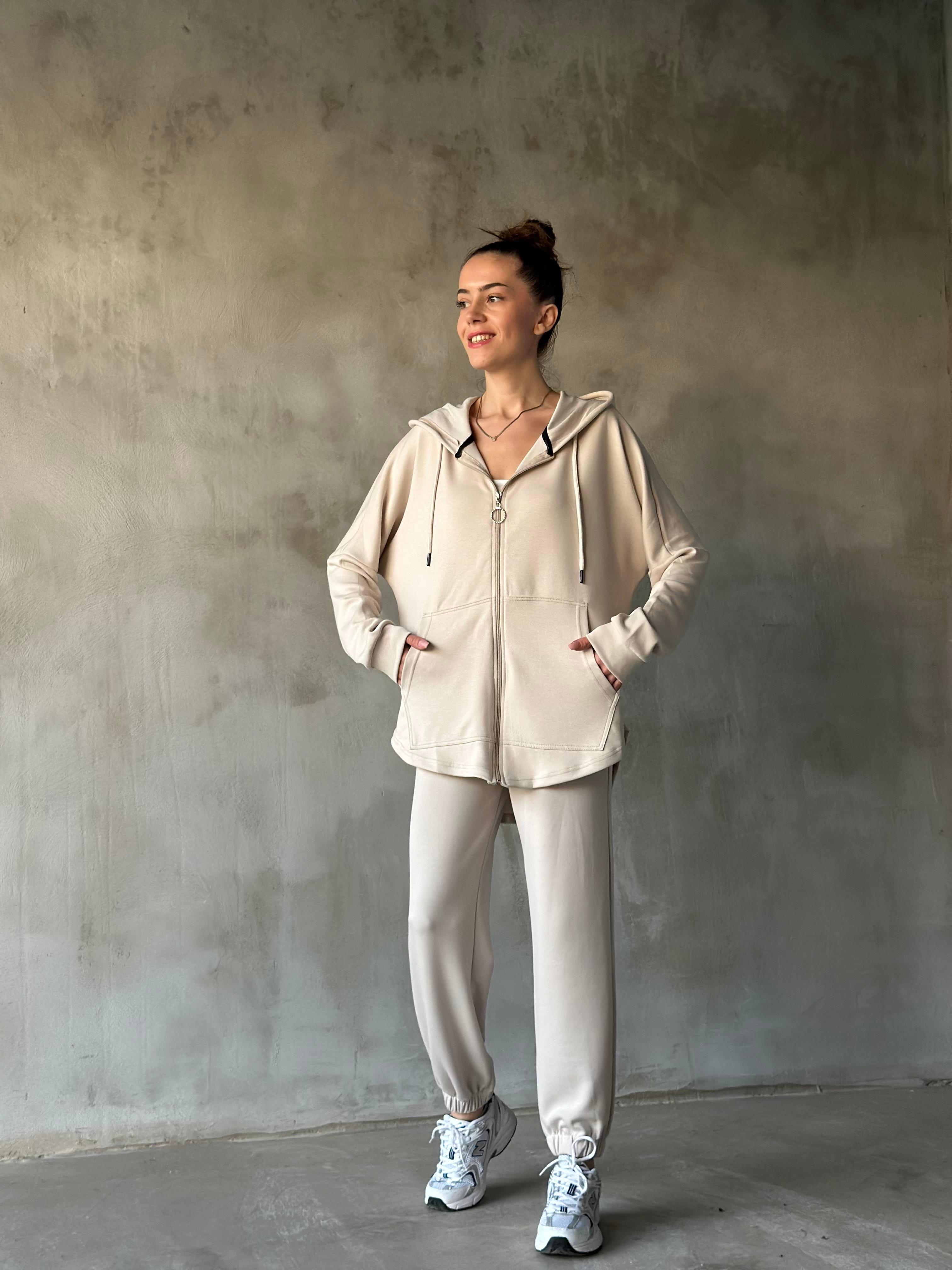 Oysh Uzun Hırkalı Jogger Takım - Bej - Dominatrend