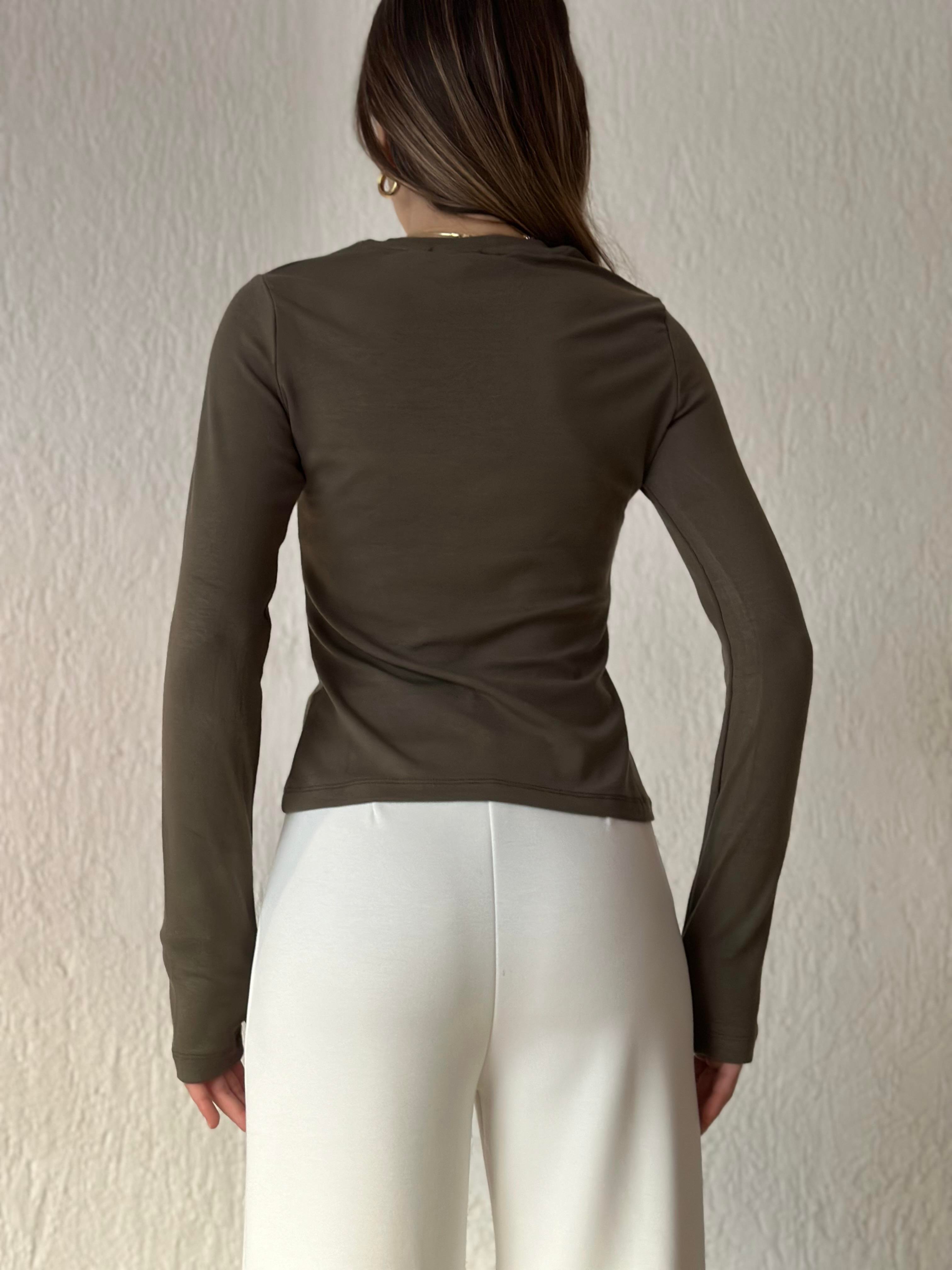 Oysho Basic Uzun Kollu Pamuklu  Bluz - Haki - Dominatrend