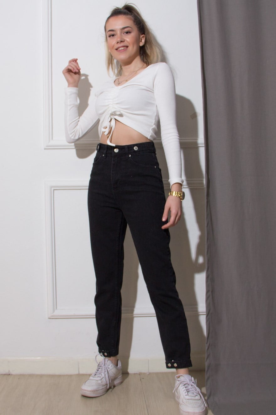 Paça Çıt Çıtlı Mom Jean - Siyah - Dominatrend