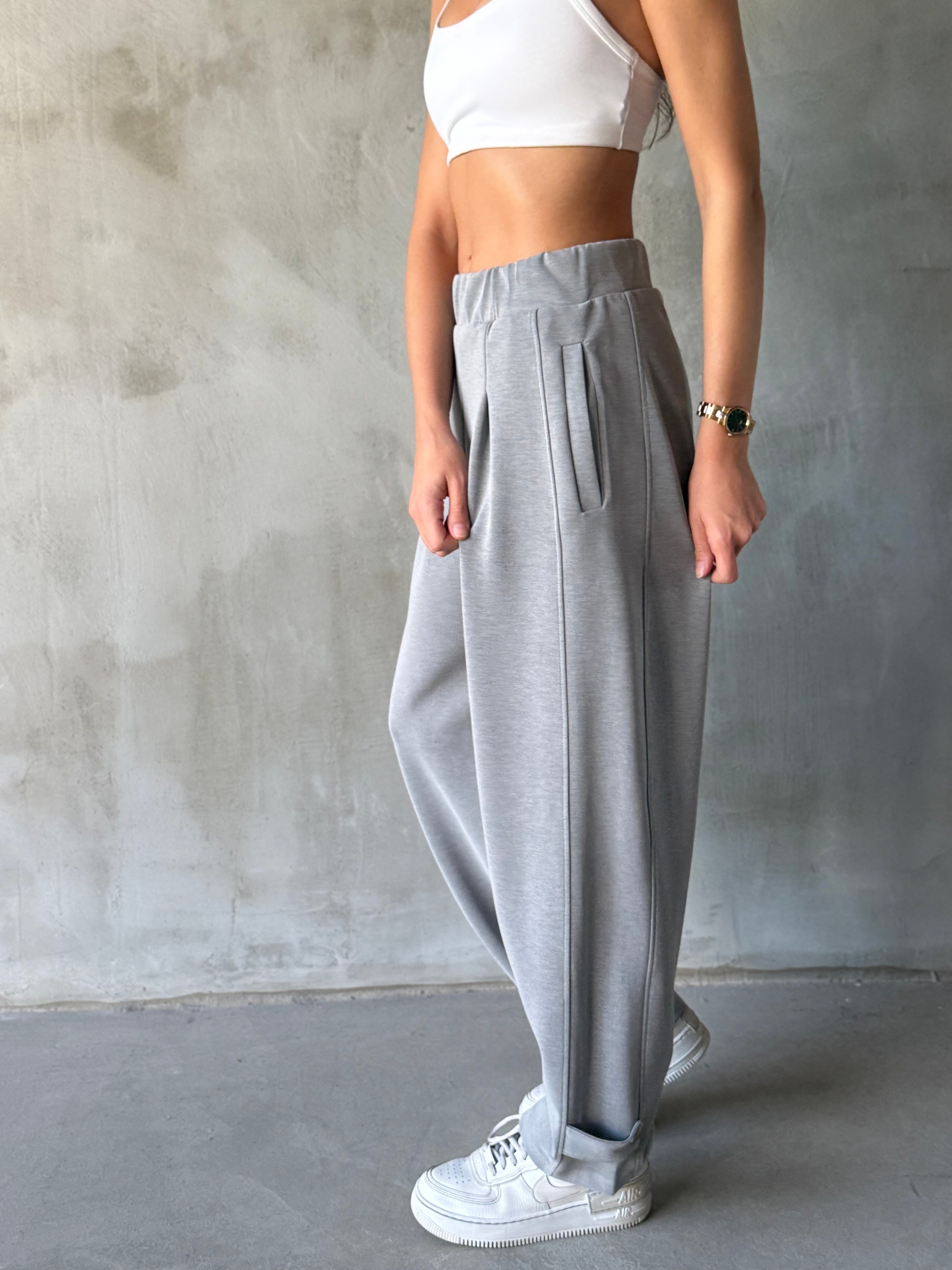 Paça Detay Barrel Modal Pantolon - Gri - Dominatrend
