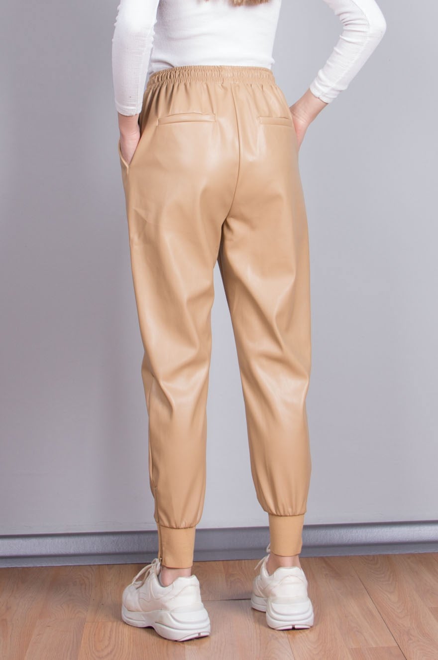 Paça Lastikli Mat Deri Pantolon - Camel - Dominatrend