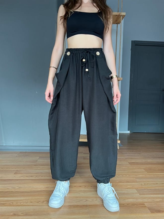 Paça Lastikli Şalvar Pantolon-Siyah - Dominatrend