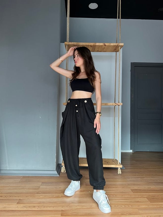 Paça Lastikli Şalvar Pantolon-Siyah - Dominatrend