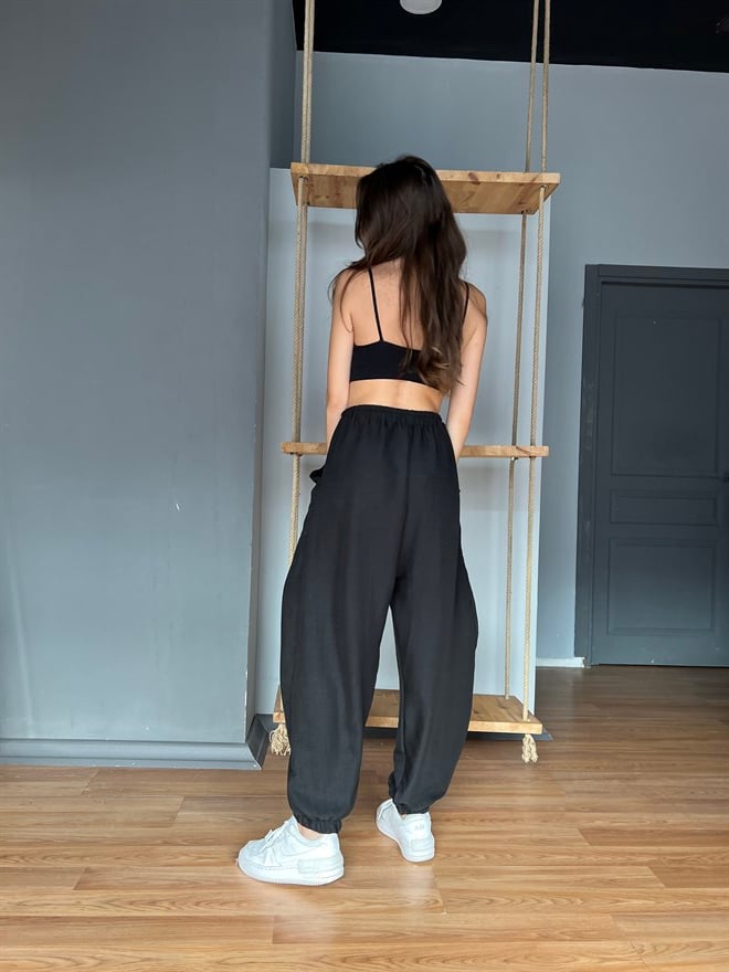 Paça Lastikli Şalvar Pantolon-Siyah - Dominatrend