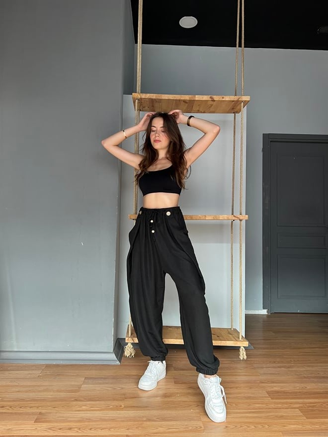 Paça Lastikli Şalvar Pantolon-Siyah - Dominatrend