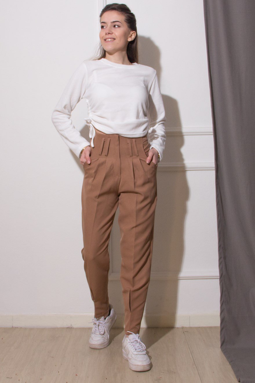 Paça Pensli Kumaş Pantolon - Camel - Dominatrend