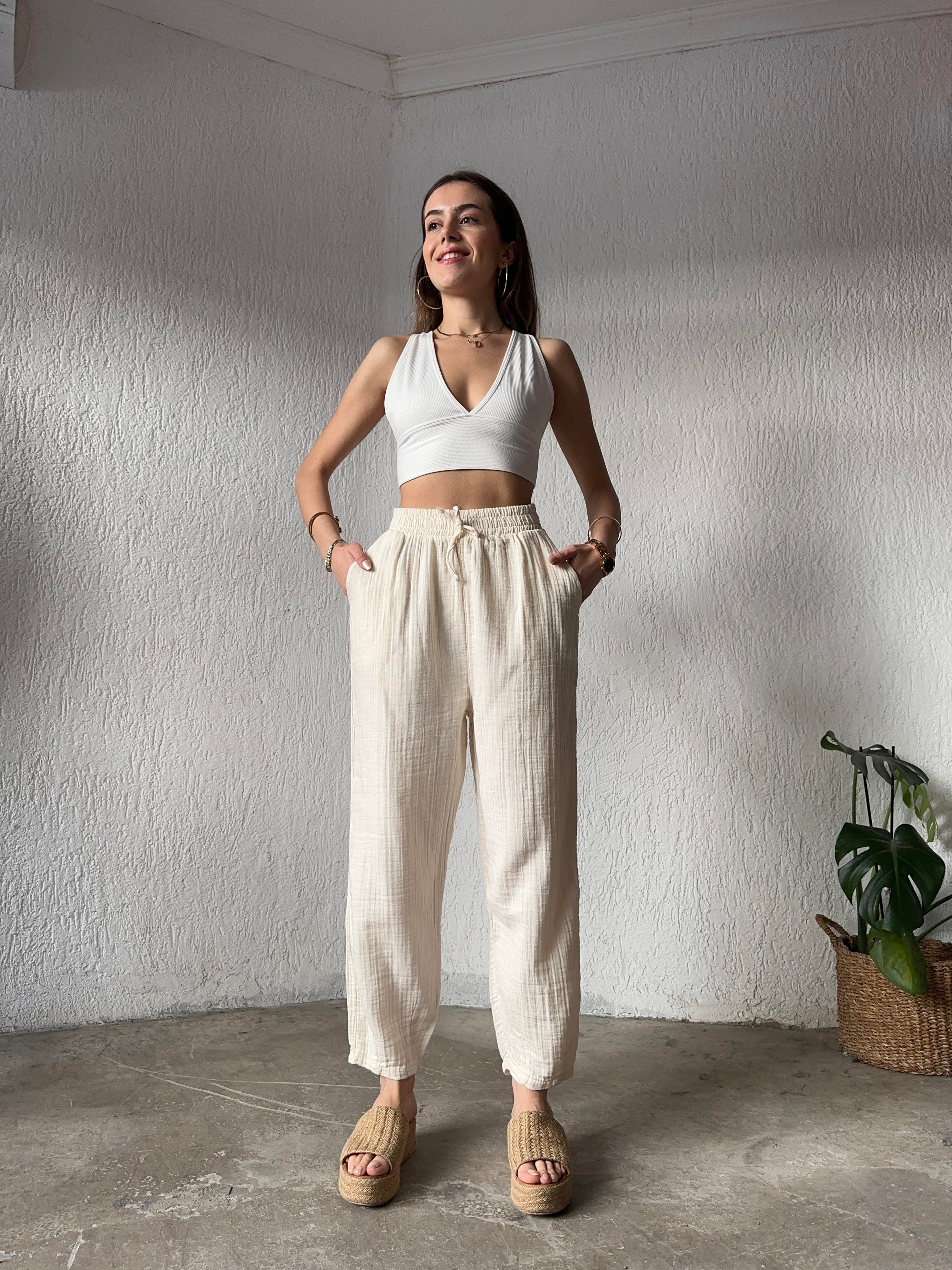 Paça Pensli Müslin Pantolon - Beyaz - Dominatrend