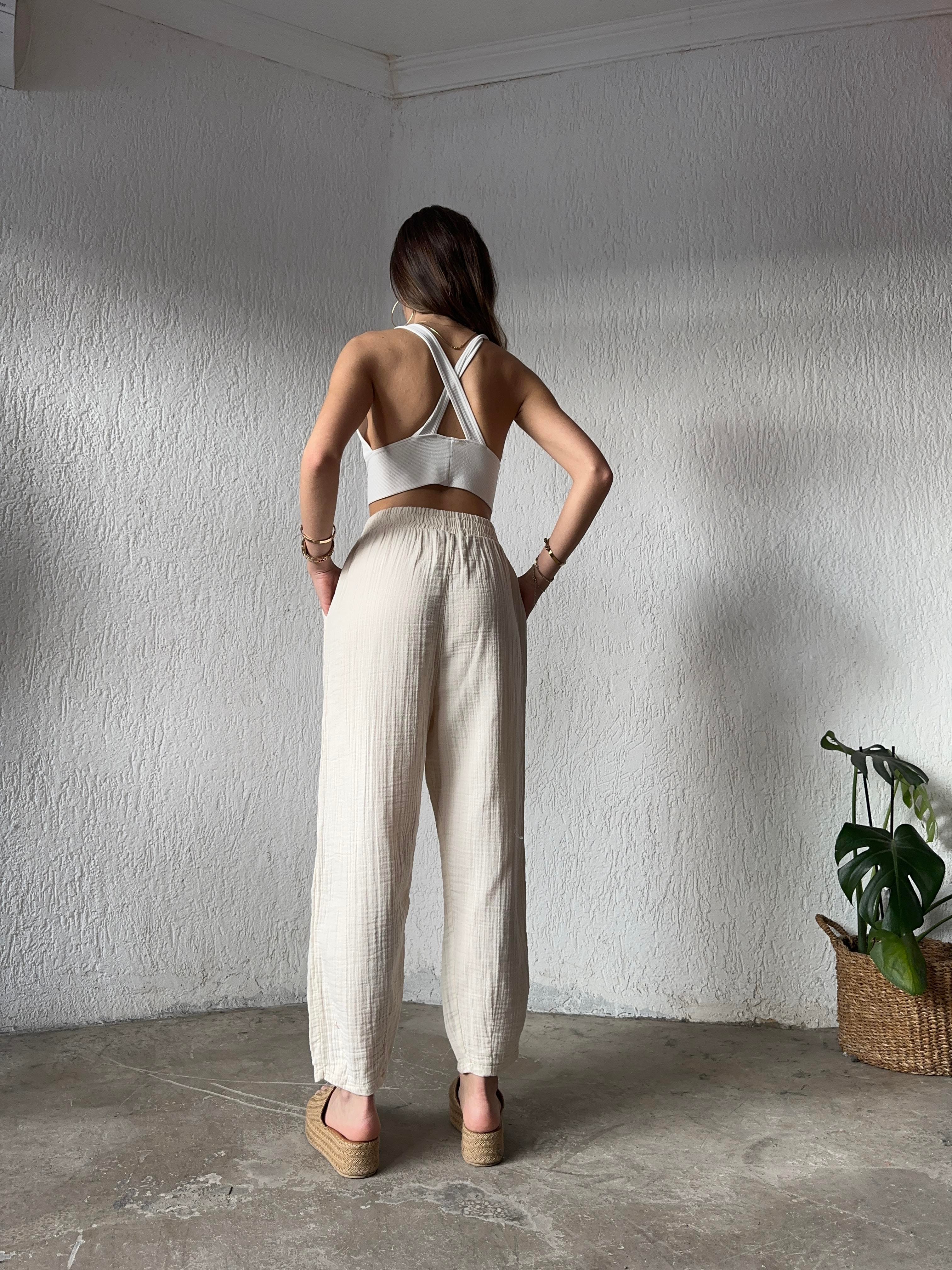 Paça Pensli Müslin Pantolon - Beyaz - Dominatrend