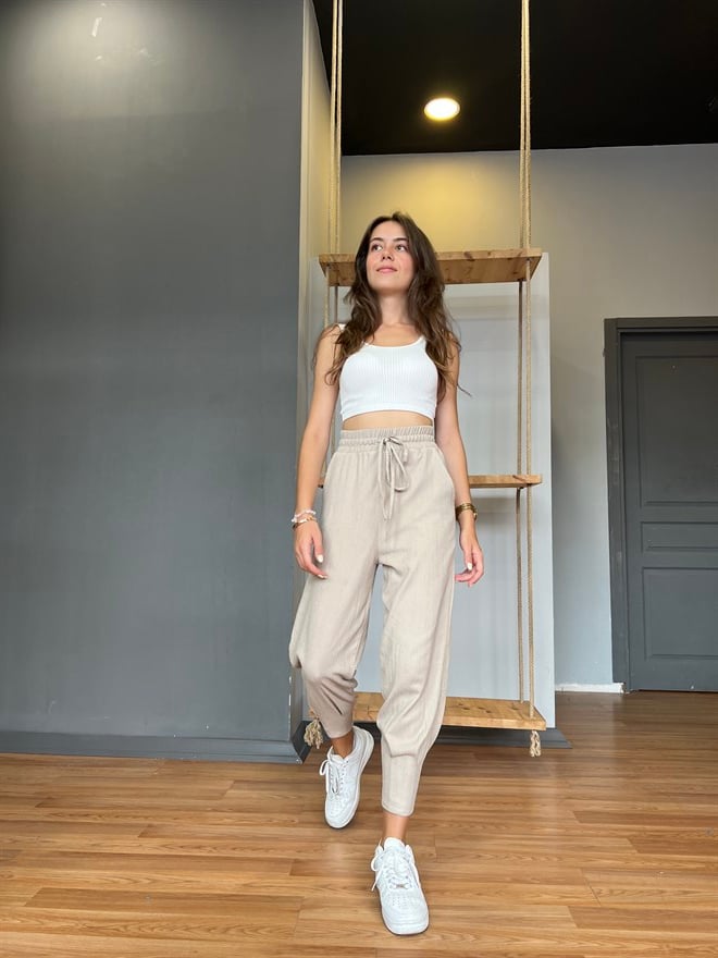 Paça Pensli Pantolon - Krem - Dominatrend