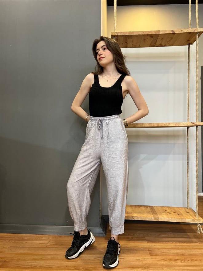 Paça Pensli Şalvar Pantolon- Gri - Dominatrend