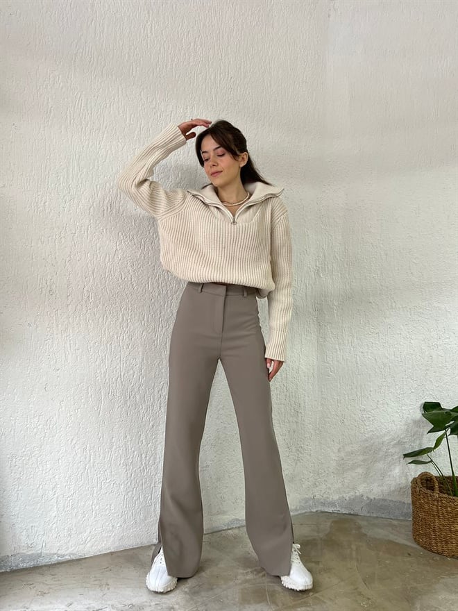 Paça Yırtmaç Detaylı Kumaş Pantolon - Vizon - Dominatrend
