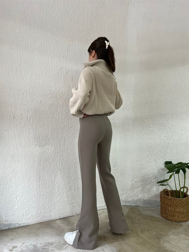 Paça Yırtmaç Detaylı Kumaş Pantolon - Vizon - Dominatrend