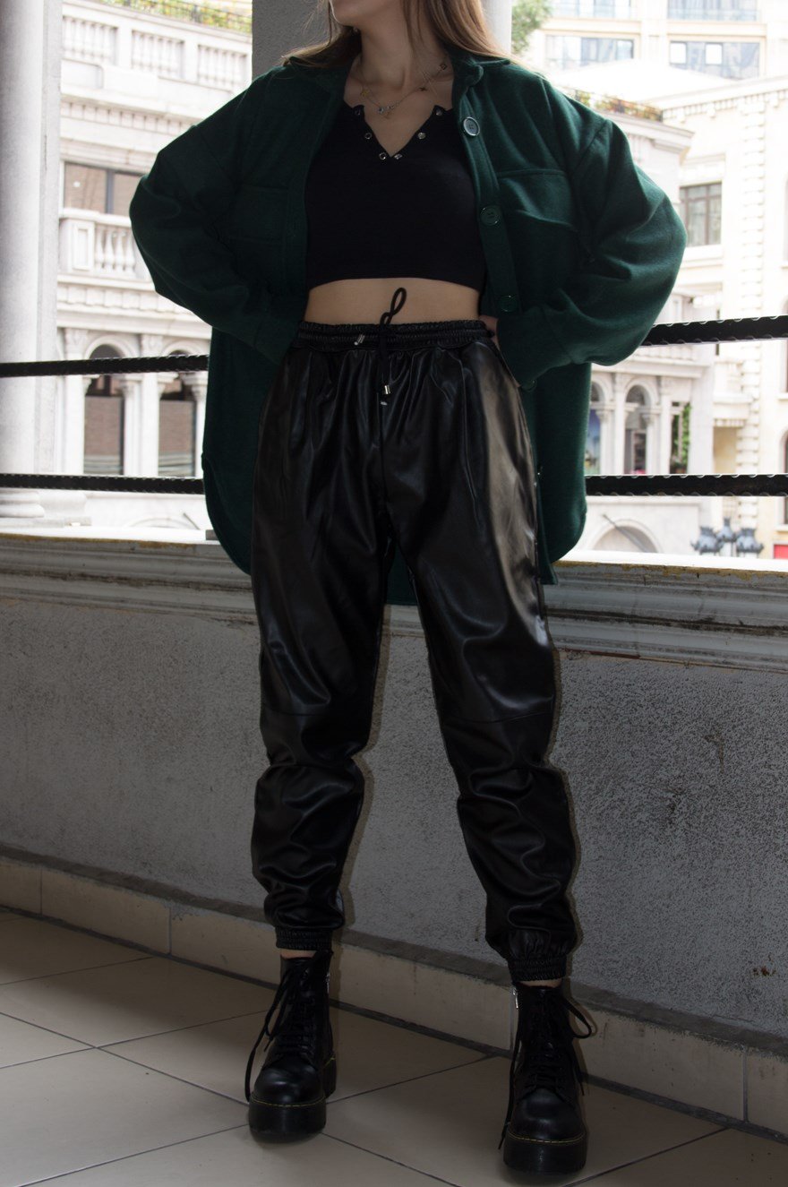 Paçaları Lastikli Deri Pantolon - Siyah - Dominatrend