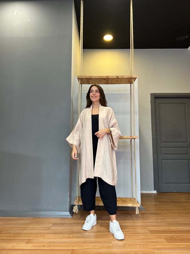 Pamuk Saten Kuşaklı Kimono - Bej - Dominatrend
