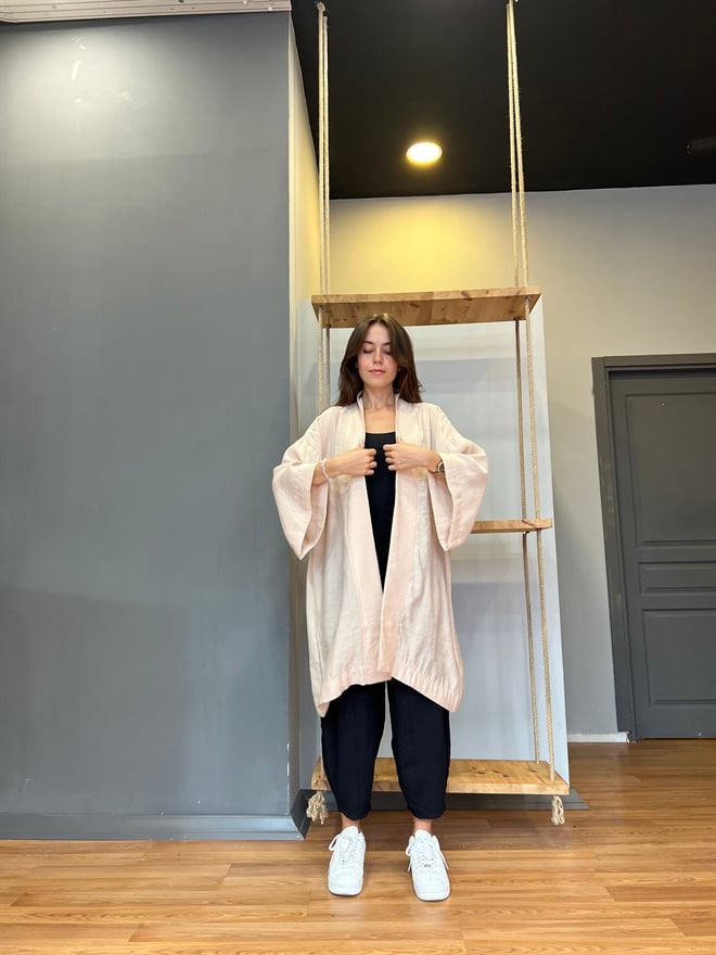 Pamuk Saten Kuşaklı Kimono - Bej - Dominatrend