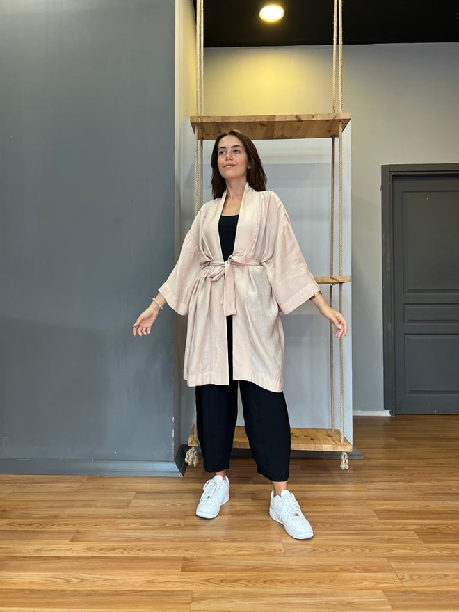 Pamuk Saten Kuşaklı Kimono - Bej - Dominatrend