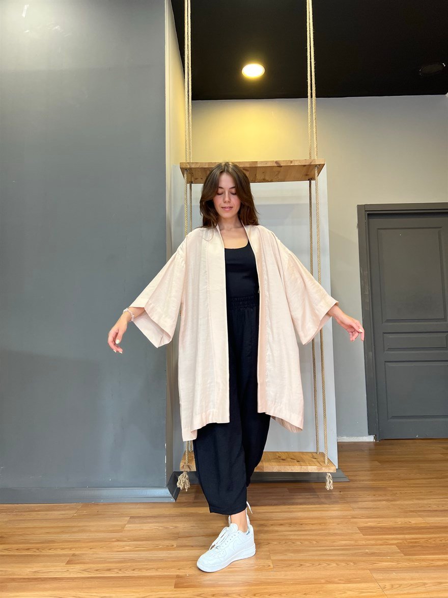 Pamuk Saten Kuşaklı Kimono - Bej - Dominatrend