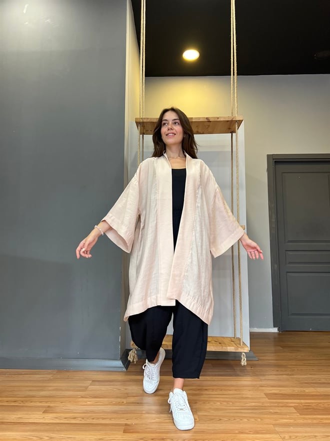 Pamuk Saten Kuşaklı Kimono - Bej - Dominatrend