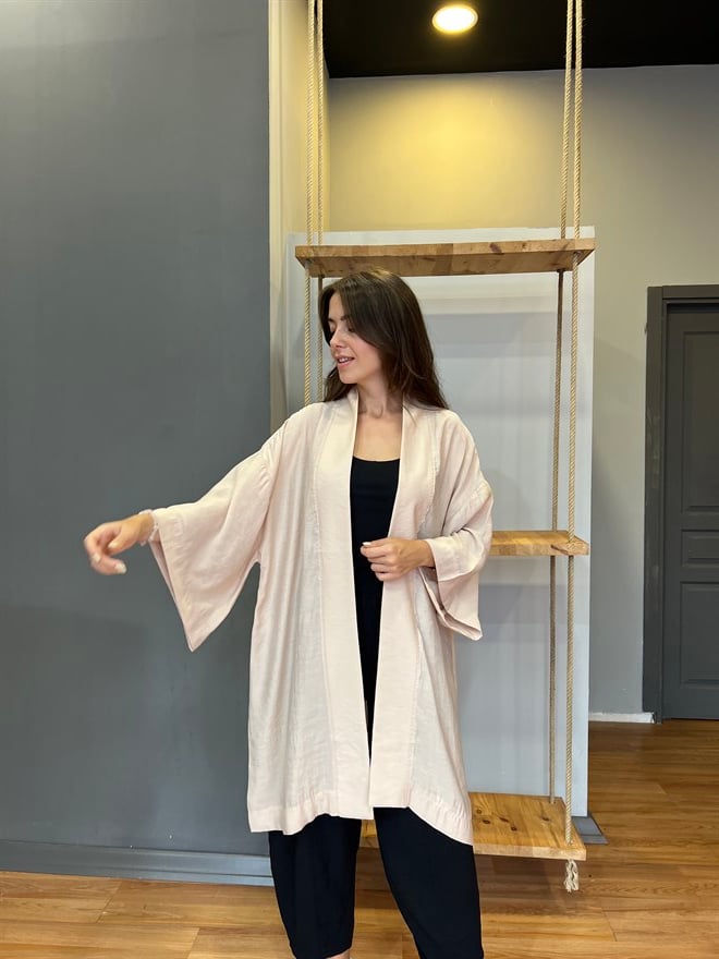 Pamuk Saten Kuşaklı Kimono - Bej - Dominatrend
