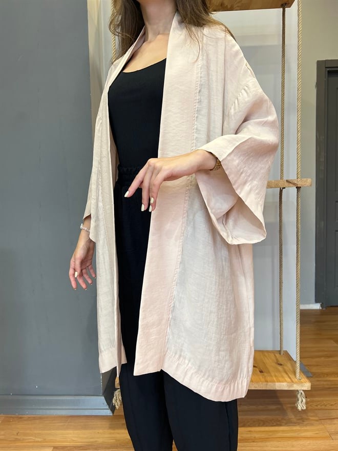 Pamuk Saten Kuşaklı Kimono - Bej - Dominatrend