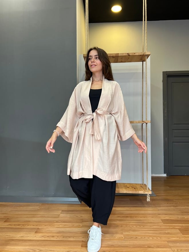 Pamuk Saten Kuşaklı Kimono - Bej - Dominatrend