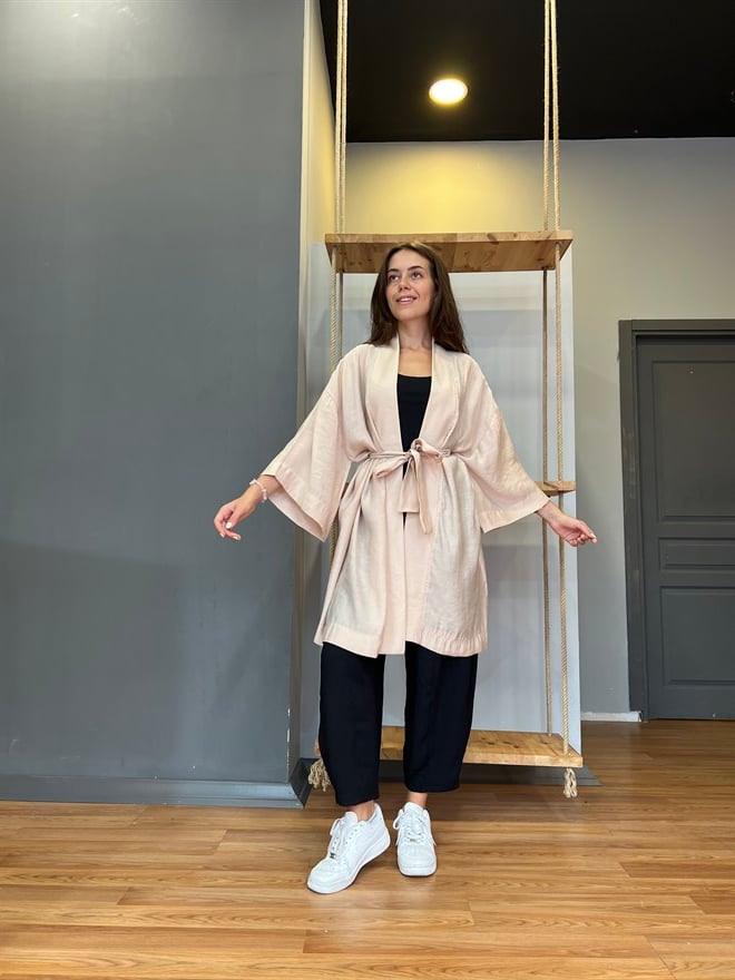 Pamuk Saten Kuşaklı Kimono - Bej - Dominatrend