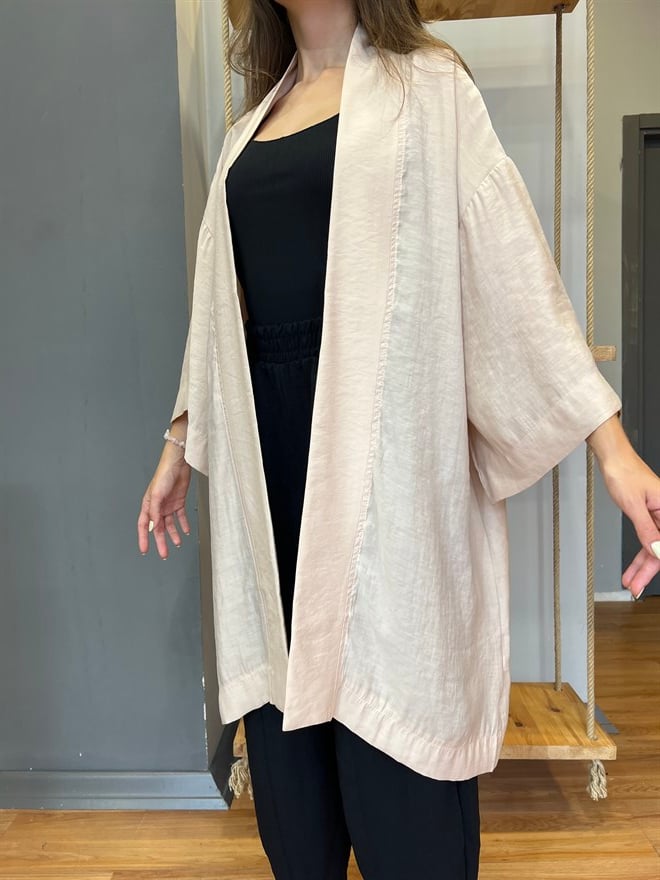 Pamuk Saten Kuşaklı Kimono - Bej - Dominatrend