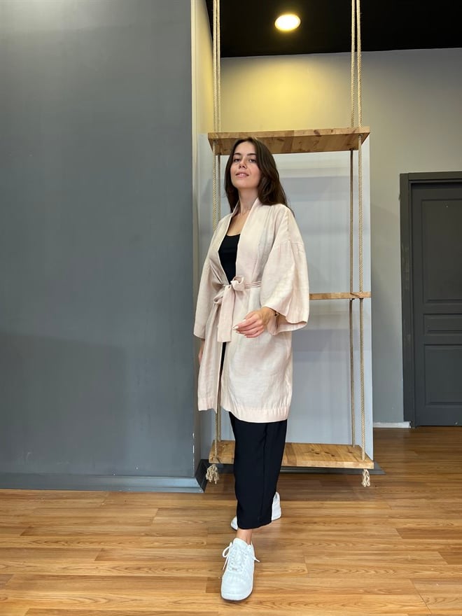 Pamuk Saten Kuşaklı Kimono - Bej - Dominatrend