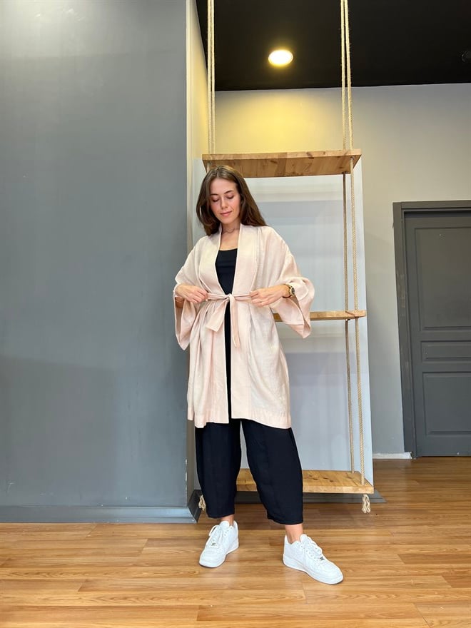 Pamuk Saten Kuşaklı Kimono - Bej - Dominatrend