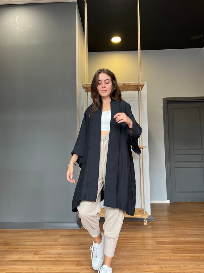 Pamuk Saten Kuşaklı Kimono - Siyah - Dominatrend
