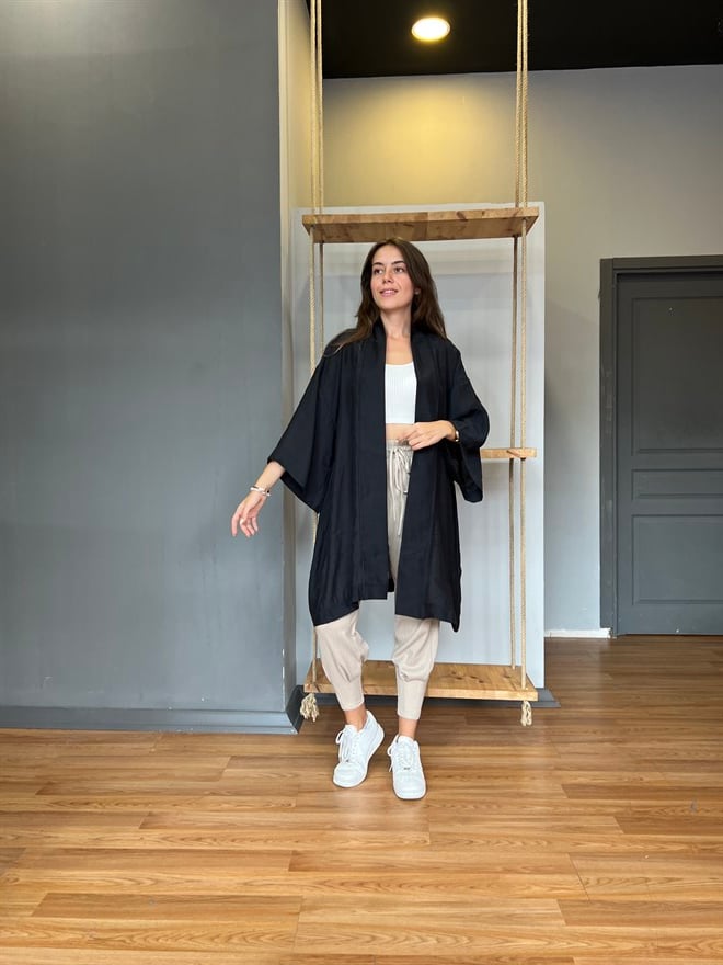 Pamuk Saten Kuşaklı Kimono - Siyah - Dominatrend