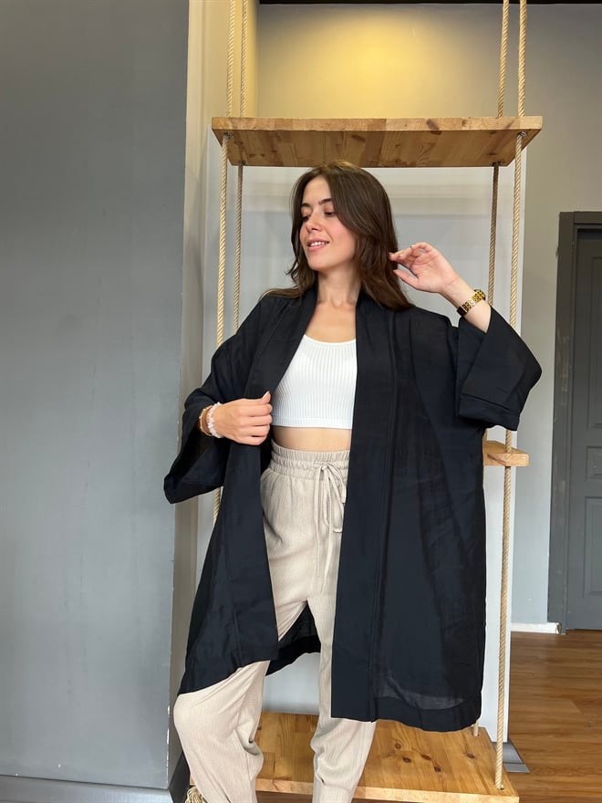 Pamuk Saten Kuşaklı Kimono - Siyah - Dominatrend