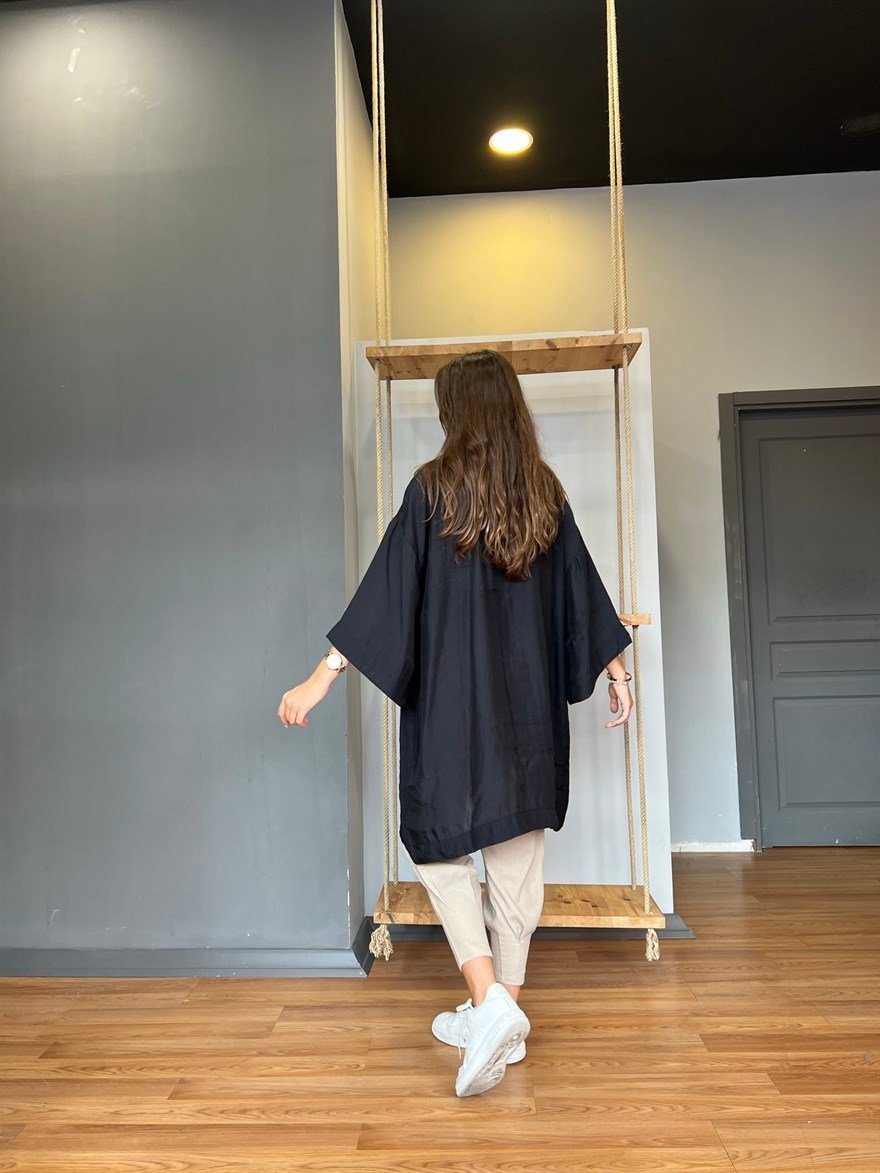 Pamuk Saten Kuşaklı Kimono - Siyah - Dominatrend