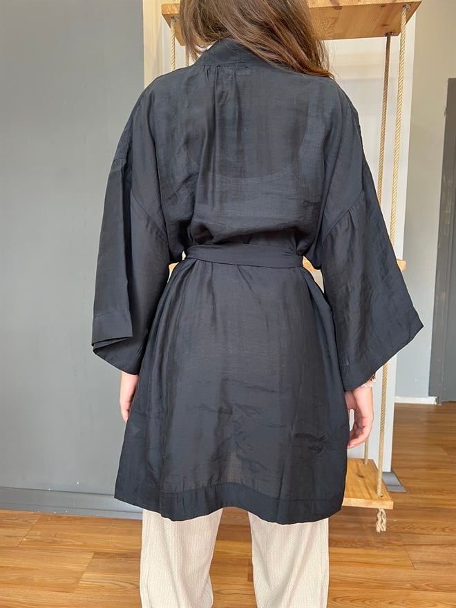 Pamuk Saten Kuşaklı Kimono - Siyah - Dominatrend