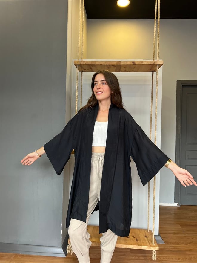 Pamuk Saten Kuşaklı Kimono - Siyah - Dominatrend